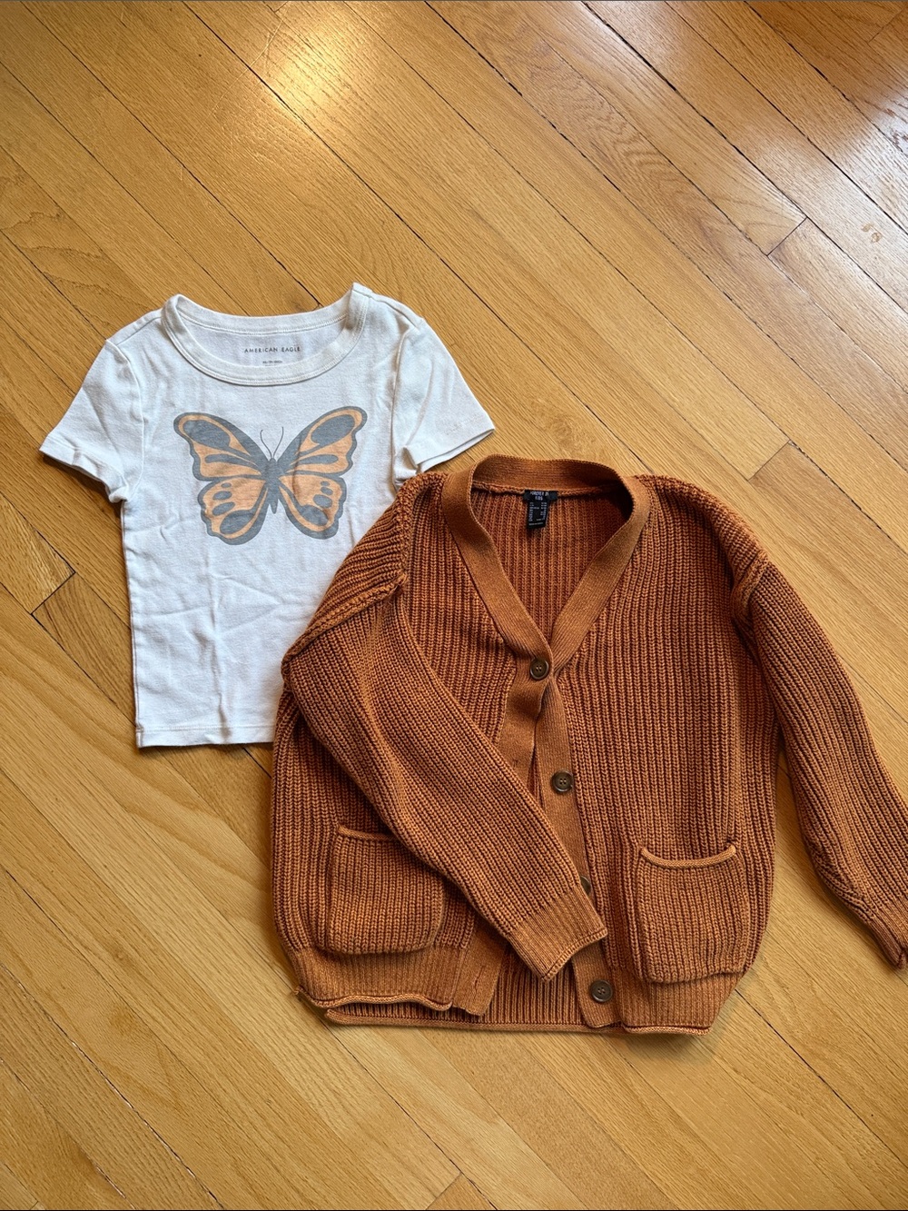 American Eagle Outfitters Cream Butterfly Tee & Rust Brown Cardigan Set